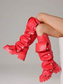 Women Mid Calf Boots Platform Heels Ruch Boots Knee High Fold Over Chunky Heel Short Booties Round Toe Wide Calf Pull-On Shark Boots Daily Party Y2K Dress Boots For Woman - Đỏ A - Xem 2