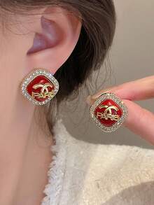2 件韩式奢华红色字母耳环，镶嵌珍珠和微镶嵌水钻，高端品质百搭耳环 - 滿鑽字母耳釘 - 查看 5