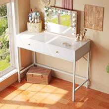 Vanity Desk With Drawers, 47 Inch Computer Desk, Modern Simple Home Office Desk, Makeup Dressing Table Bedroom - White And Gold, 7997G - White - View 2