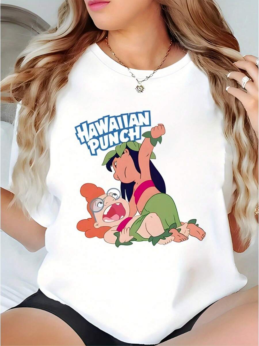 Women's V2K Style Short Sleeve T-Shirt - Hawaiian Boxing Pattern Print. Round Neck Summer Casual Top, Suitable For Daily Wear, Family Gatherings, And Travel, Fun Print, Comfortable