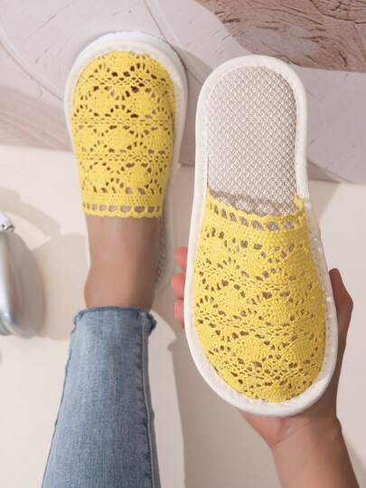 Women Lace Knitted Linen Slippers, Comfortable Silent Breathable Hollow-Out Indoor Home Slip-On Couple Slippers, Suitable For All Seasons