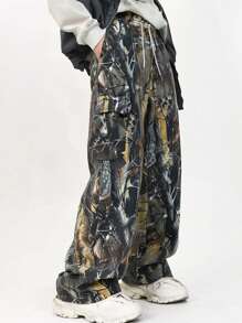 Men's Loose Fit Wide Leg Straight Casual Tree Branch Print Cargo Pants, Summer