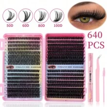 640 Clusters 10-16mm D Curl Lash Clusters Book False Eyelashes Kit DIY Silk Fiber Lashes Cluster Extensions Natural Volume Cruelty Free Multipack - DIY-JMS-098(粉紅工具三件組) - 查看 2