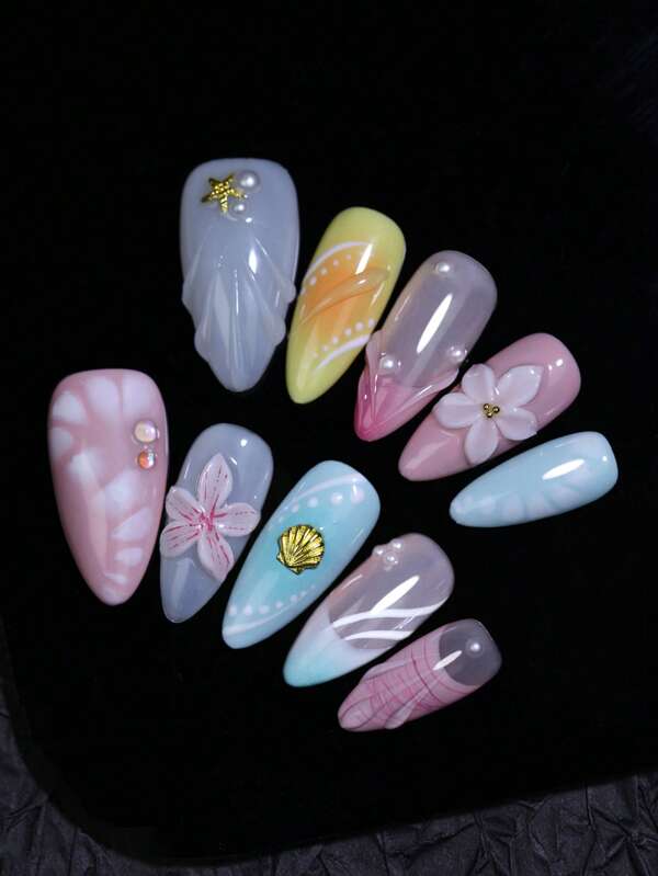 Candy Multi Color 3D Esculpido à Mão Flor e Concha Padrão 100% Feito à Mão Press On Nails Blush Cor Estilo Francês Nail Art Design Unhas Manuais 10 Peças Amêndoa Pontas de Unhas Postiças Reutilizáveis para Quatro Estações para Mulheres e Meninas Beleza de Unhas Faça Você Mesmo