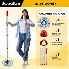 Spin Mop Replacement Head For O Cedar 2 Tank Rinseclean, 4 Microfiber Heads, 1 Scrub Brush, 1 Handle, 1 Base,Spin Microfiber - 彩色 - 查看 4