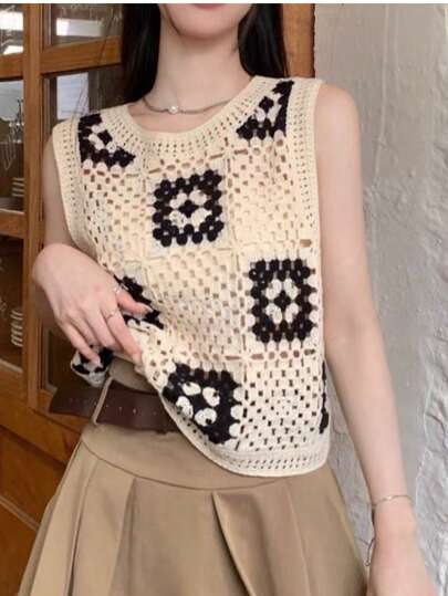 Regata feminina de malha jacquard vazada estilo francês vintage, preta e branca