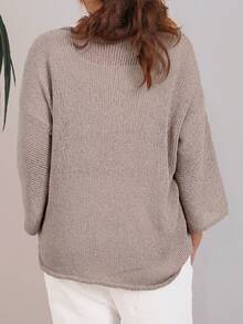 Plus Size Women Crew Neck Casual Loose Solid Color 3/4 Sleeve Sweater - Khaki - View 4