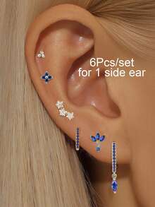 6 件/套耳环套装女士可爱锆石镀金耳钉环状吊坠耳环女士派对珠宝配饰 - 6Pcs/Set - 查看 18