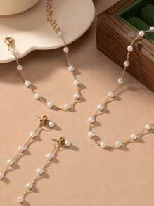 1 Set Elegant Vintage-Style Metal Bead Necklace, Bracelet, Earrings Jewelry Set For Women, Fashionable High-Quality French Style Accessories Suitable For Formal Occasions, Party, Daily Wear, And Gift