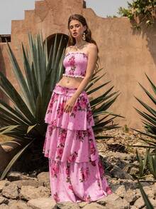 Faeriesty BohoBloom 波西米亚风女士两件套：荷叶边吊带背心和多层长裙 - 适合海滩度假、周末休闲、野餐、夏日漫步 - 西瓜粉 - 查看 3