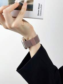 1条时尚米兰尼斯表带，粉色，男女通用，兼容 46mm 49mm 40mm 44mm 45mm 41mm 42mm 38mm Ultra 3/2/1，优质磁性不锈钢金属表带，可替换Series 11 10 9 8 SE 7 6 5 4 3 2 1的表带，无缝磁性表扣设计，可调节米兰尼斯网状表带，时尚智能手表表带，兼容表带 - 粉色 - 查看 8