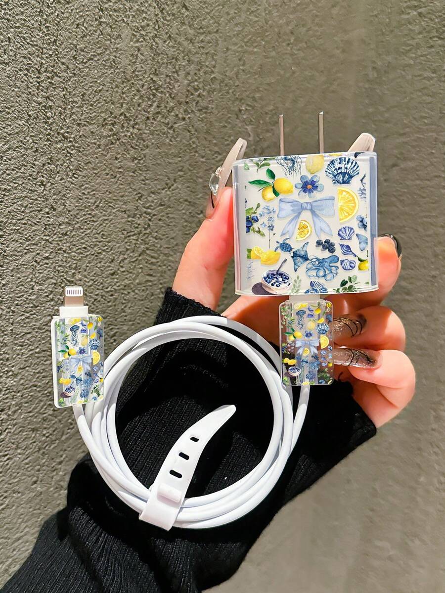 4 件套夏季海洋蝴蝶结柠檬设计手机充电适配器外壳和数据线整理器配件 - 20W/18W 充电器适配器、适配器盖，兼容 11/12/13/14/15/16/13ProMax/16ProMax 电缆保护器充电器配件手机配件