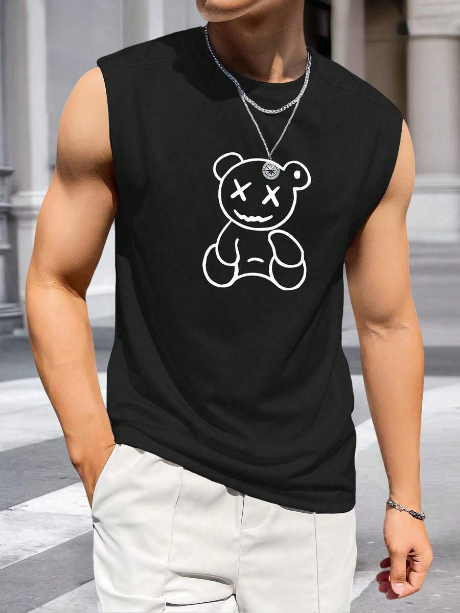Sleeveless Men's Fashion Tank Top, Casual Summer Thin T-Shirt, Personality Printed Pattern Sports Undershirt, Essential For Fitness And Running, Suitable Gift For Husband/Boyfriend, Casual Sportswear For All Seasons, Street Style Large Print, Gym/Workout - Valentine's Day Abstract Cupid Gun Novelty Pattern - Black - View 1