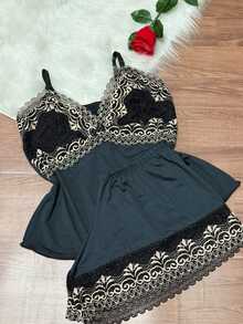 Short Doll Women's Pajama Set/ Two-Tone Lace - Silver - View 1