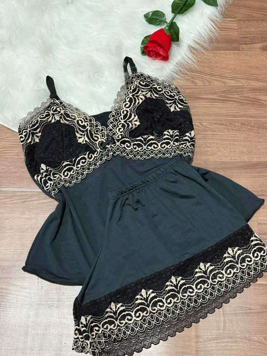 Short Doll Women's Pajama Set/ Two-Tone Lace - Silver - View 1