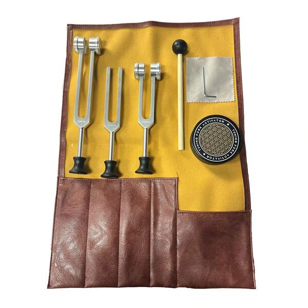 Set de 3 piezas Kit de entrenamiento de terapia con diapasón - 128Hz, 528Hz, 512Hz, 256Hz con mazo de madera y bloque activador, dispositivo de relajación con frecuencia de yoga