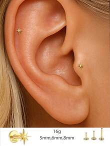 EleRunis 1PC 925 Sterling Silver Star 5/6/8 Mm Flat Back Cartilage Helix Piercing Jewelry For Women Daily Wear Wedding Party Engagement Anniversary Valentine's Day - Gold - View 1