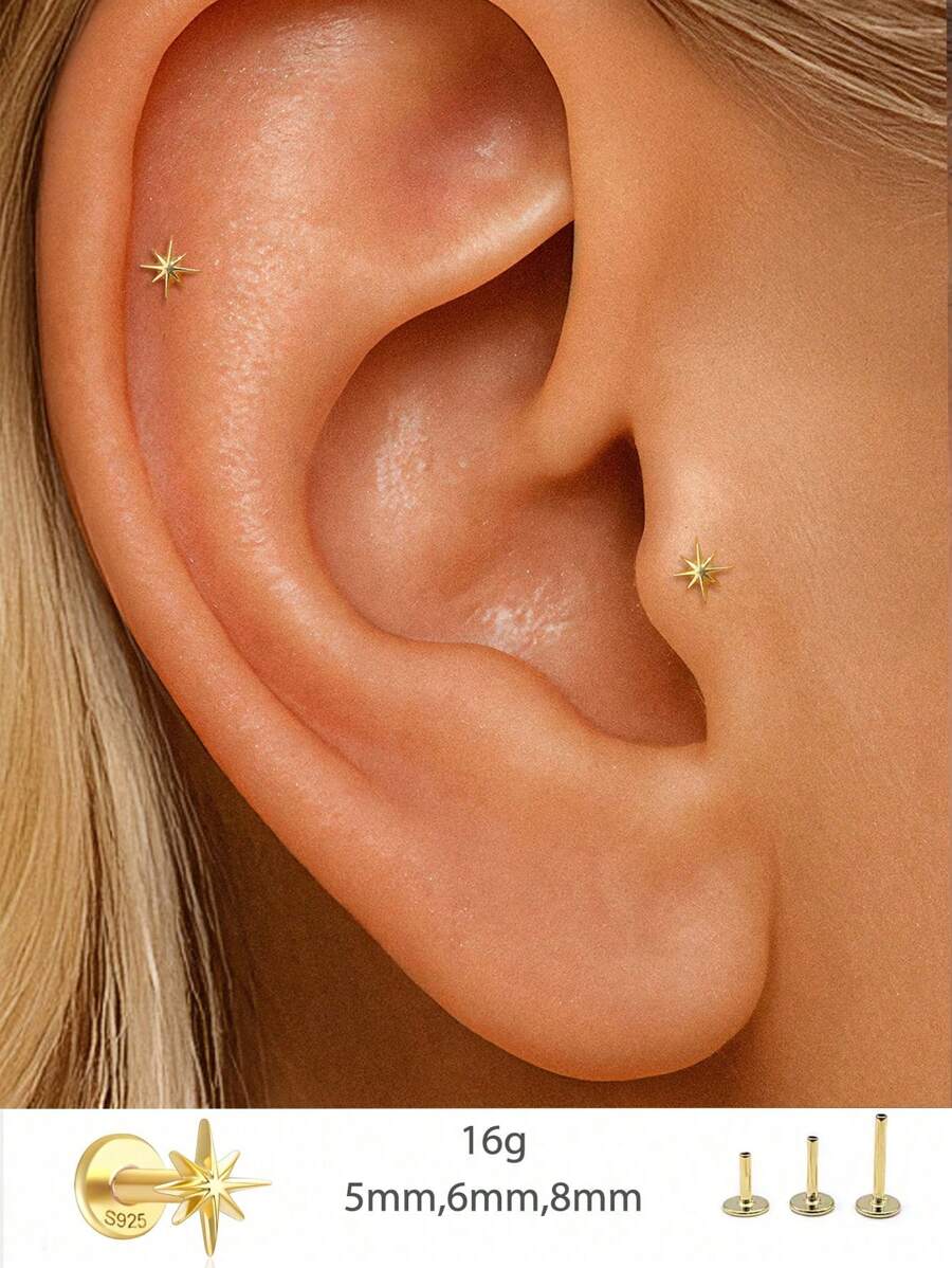 EleRunis 1PC 925 Sterling Silver Star 5/6/8 Mm Flat Back Cartilage Helix Piercing Jewelry For Women Daily Wear Wedding Party Engagement Anniversary Valentine's Day - Gold - View 1