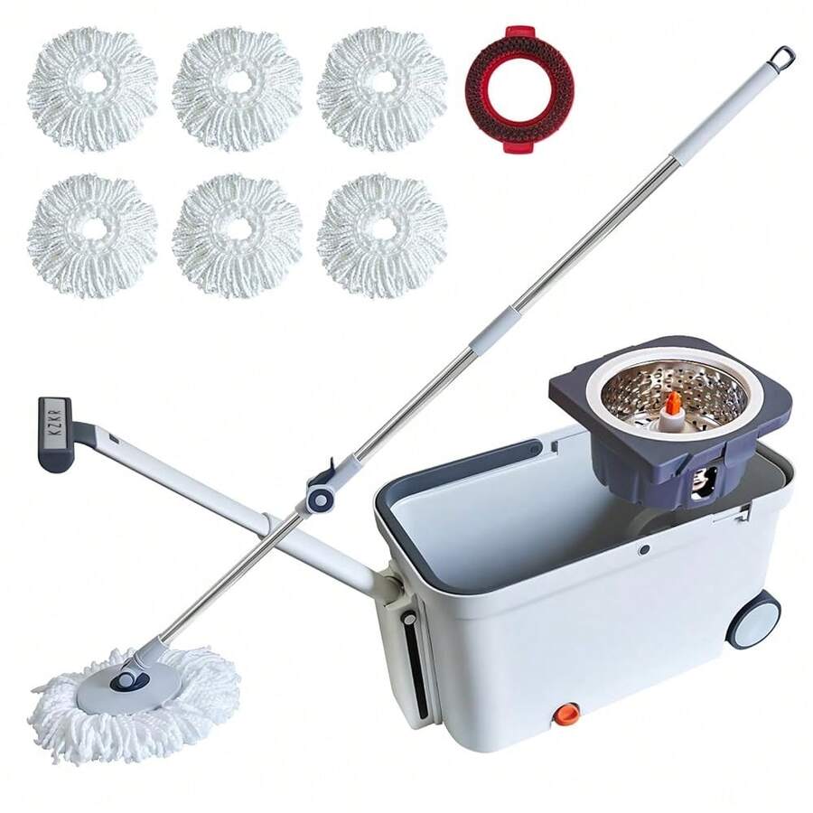 Spin Mop And Bucket With Wringer Set On Wheels, 180° Spinning Mop Bucket System With 6 Washable Microfiber Replacement Mop Pad - 彩色 - 查看 1