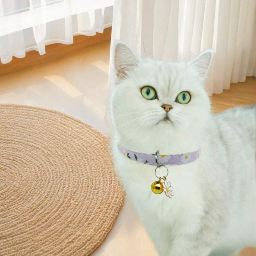 1 件雏菊花印花猫项圈带小铃铛、扣环、小猫项链、宠物配件、彩色雏菊花猫项圈带铃铛