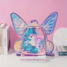 1pc Cute Unicorn Mini Backpack With Large Butterfly Wings, Clear TPU Material, Adjustable Shoulder Straps, Zipper Closure, Lightweight, Screen Print, Unlined, Suitable For College, Cartoon Style, Great Birthday & Christmas Gift
