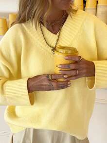 Women's Daily Casual Solid Color Drop Shoulder Loose V-Neck Long Sleeved Pullover Sweaters Tunic Fit Soft Slouchy Ribbed Jumper Elegant Sweater, Fall Winter - Yellow - View 3
