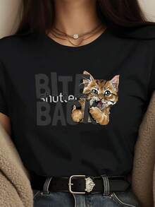 Ladies' T-Shirt, Summer Women's Fun Cat Letter Printed T-Shirt, Available In Black/White, Casual Round Neck T-Shirt, Suitable For Summer Vacation Top.