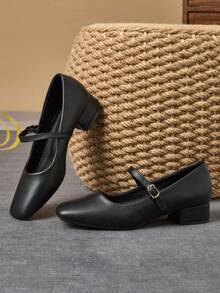 Mary Janes Coffee Square Toe 3cm Heel Pump Shoes, Suitable For Work, Commute, Social Gatherings, Retro Black, Fashionable Beige Casual Shoes - Black - View 4
