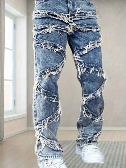 Modische fransenbesetzte Herren Jeans, gerade Bein Jeans mit Stickerei und Quasten für Teenager