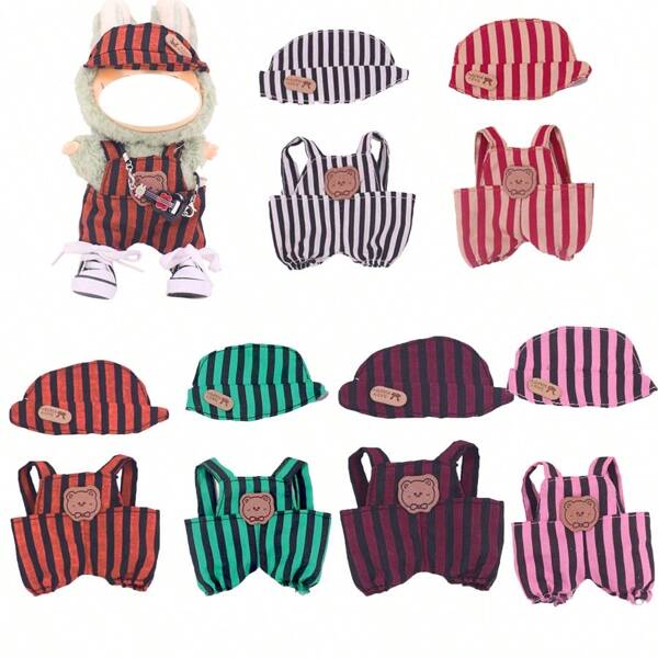 2 piezas Accesorio para muñeca de peluche de 17 cm, conjunto de tirantes a rayas y sombrero para oso de peluche (muñeca no incluida), regalo para niños