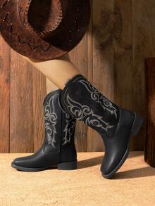 Women's Cowboy  Boots Embroidered Square Toe Chunky Low Heel  Mid Calf Cowgirl Western Boots Fashion Dresss For Theme Party Country Concert All-Season Black Boots - 黑色 - 查看 3