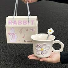 1 件 13.38 盎司花卉图案陶瓷杯（带咖啡勺），大容量独特创意陶瓷杯，情侣杯，优质早餐牛奶杯，家用水/咖啡杯，节日礼物 - 彩色 - 查看 8