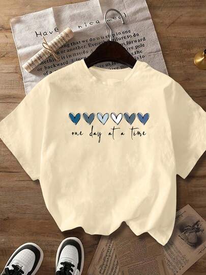 Plus Size Women'S Casual Graphic T-Shirt - "It'S One Day At A Time" Heart Print, Short Sleeve Round Neck Top For Spring & Summer,Hearts Design, Everyday Tshirt | Playful Lettering Shirt | Ladies T Shirts