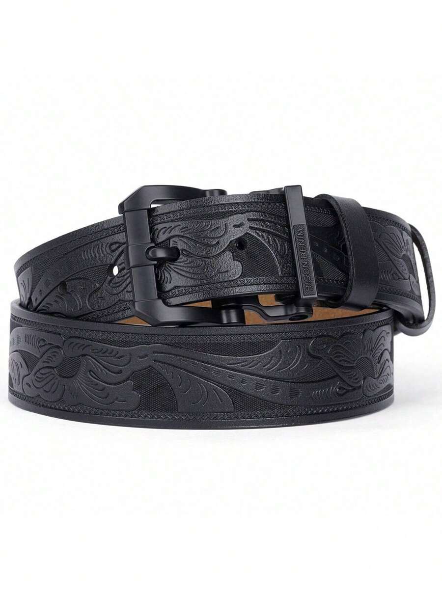 BISON DENIM حزام رجالي جلد أصلي كامل الحبة مطبوع بطباعة عتيقة ، أسلوب غربي كاجوال كاوبوي ، هدية عيد