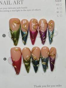 10片装欧式手工可佩戴美甲贴纸，3D手绘法式杏仁形多色美甲贴纸，带十字边框，适合派对、日常佩戴、约会、海滩、热带度假、DIY美甲，是送给女性和女孩的绝佳礼物，美甲用品，手工按压式美甲贴片 - 彩色 - 查看 2