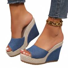 Wedge Peep Toe Plus Size Slippers Cross-Border Peep Toe Summer New European And American Thick Sole Height Increasing Fabric Sandals Women Wholesale - Xanh đậm - Xem 5