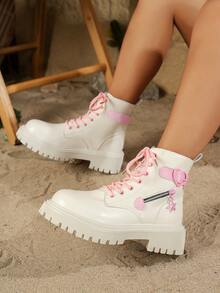 女士米色粉色丝带心形蝴蝶结拉链短靴，秋/春季款 | 2025新款厚底可爱粉黑踝靴，休闲户外度假时尚派对T台欧美复古骑士靴，法式简约冬季网红推荐坡跟踝靴 - 米色 - 查看 2