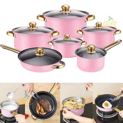 Set de Cocina de Acero Inoxidable de 12 Piezas, Set de Cocina de Acero Inoxidable, Set de Cocina Multiusos, Set de Cocina Completamente Envuelto con Tapa de Vidrio con Mango Térmico, Apto para Lavavajillas, Diseñado Ergonómicamente