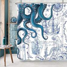 Blue Nautical Octopus Shower Curtain Navy Mermaid Funny Ocean Kraken Shower Curt - 1 - View 6