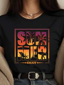 Ladies' T-Shirt, Summer Women's Fun Vacation Style Printed T-Shirt, Available In Black/White, Casual Round Neck T-Shirt, Suitable For Summer Vacation Tops.