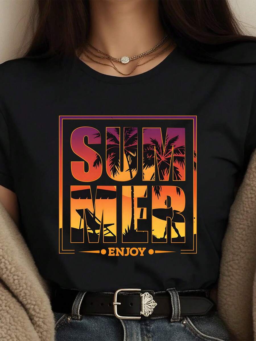 Ladies' T-Shirt, Summer Women's Fun Vacation Style Printed T-Shirt, Available In Black/White, Casual Round Neck T-Shirt, Suitable For Summer Vacation Tops.