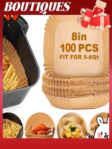 100 قطعة ورق خبز لقلاية الهواء، بطانات للقلي بالهواء، ورق زبدة لقلاية الهواء، بطانات قابلة للتخلص منها لقلاية الهواء، ورق لقلاية الهواء، صينية خبز مربعة ودائرية 8 و 6.3 بوصة، مناسبة للميكروويف والفرن والشوي والخبز