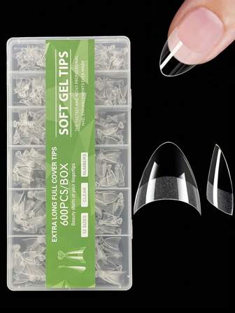600Pcs Almond Nail Tips, Pre-Buff Clear Half Cover Short Artificial Nails Tips Clear Fake Nails 12 Sizes, Transparent & Solid Colors, Easy To Apply For Natural Nail Enhancement, Beauty Accessories, For Diy Nail Salon Press On Nails Nail Supplies Nails