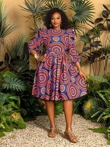 TribalChic Plus 圆领灯笼袖 A 字加大码连衣裙：适合日常穿着、度假装、公园漫步、早午餐约会和休闲出游 - 紫色 - 查看 3