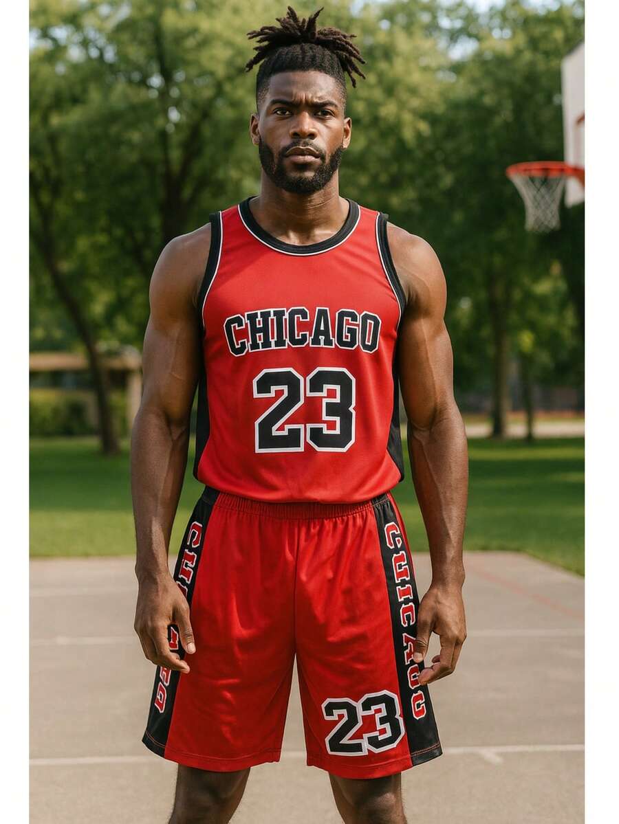 Men's Adult Sports Set T-Shirt With Basketball Shorts - Red and Black - View 1