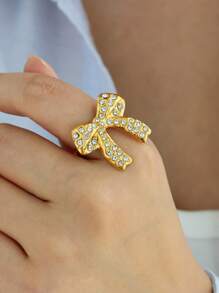 1 pieza Anillo de lazo fino para mujer, anillo de lazo con diamante de circonita cúbica, anillo abierto de acero inoxidable, joyería de moda para damas, regalo para ella, regalo de cumpleaños