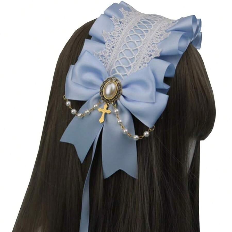Gothic Lolita Headdress Maid Girls Lace Hair Accessories Cute Cosplay Headbands Sweet Hairpin Light Blue - 淺藍色 - 查看 1