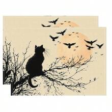 Juego de 1/2/4/6 individuales, estilo de gato negro de Halloween, con patrón de murciélago, tamaño 30x45 centímetros. Los individuales de poliéster de Halloween son adecuados para cocinas/manteles resistentes al calor del hogar, fáciles de limpiar y son accesorios ideales para mesas de cocina del hogar. Son adecuados para reuniones familiares y ocasiones interiores y son la mejor opción para la decoración de Halloween.