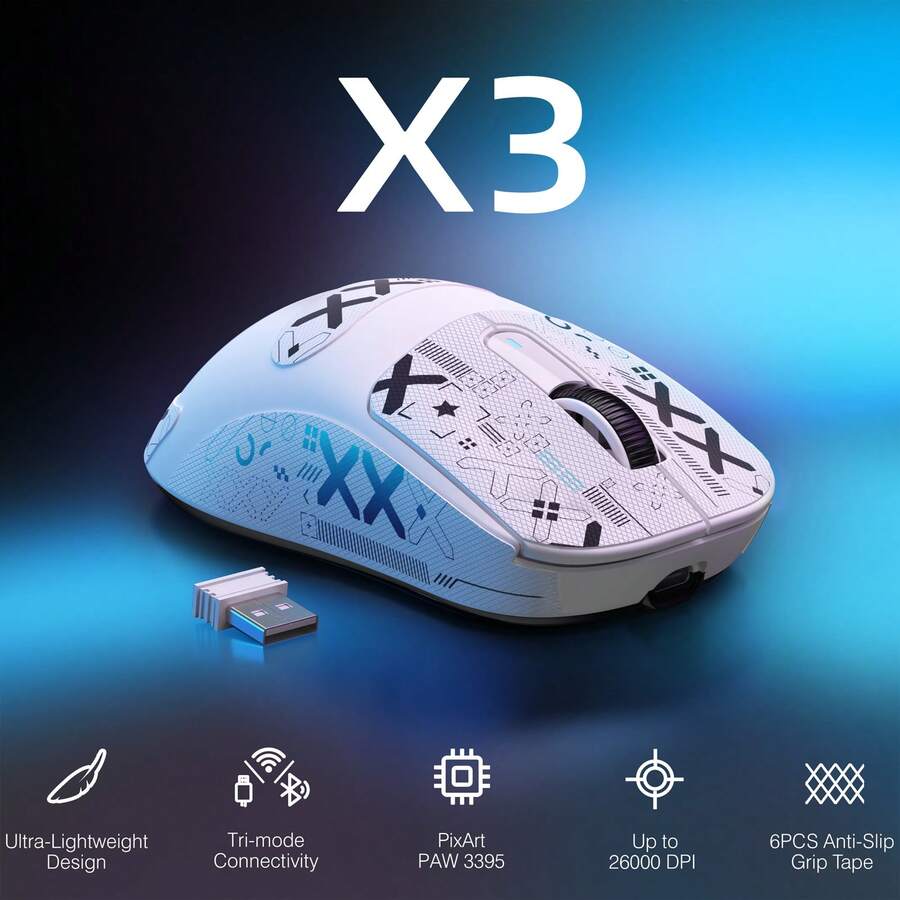 ATTACK SHARK X3 Lightweight Wireless Gaming Mouse With 3-In-1 Connection (2.4G/USB-C Wired/Bluetooth), 26,000 DPI, PAW3395 Optical Sensor, GM8.0 Switch, 5 Programmable Buttons, Grip Tape For PC/Windows - Trắng+Nhãn dán - Xem 1