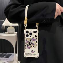 Funda para teléfono móvil 1PC 14promax, con correa, compatible con 13PRO, modelo femenino, 6, 15, 14, 13, 12, silicona suave, lente, cobertura total, cuatro esquinas, anticaídas, red, diseño de celebridad, funda protectora adorable - Blanco - Ver 3